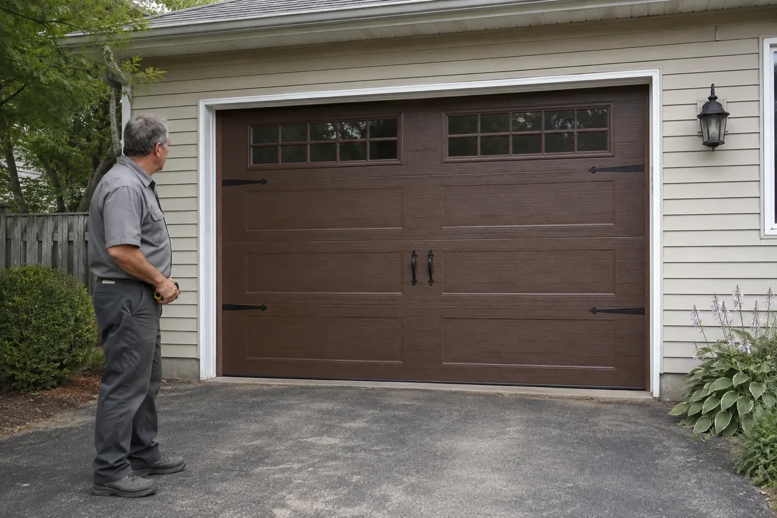 A person stands beside a closed brown garage door with upper windows and black decorative straps and handles. — Carriage-House Garage Door Installation, Yongehurst