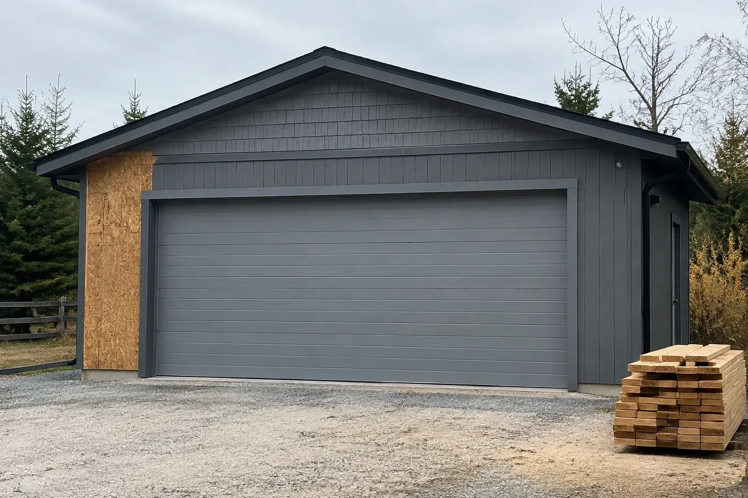 Closed grey garage door on a partly finished building beside stacked lumber. — New-Construction Garage Door Installation, Richmond Hill