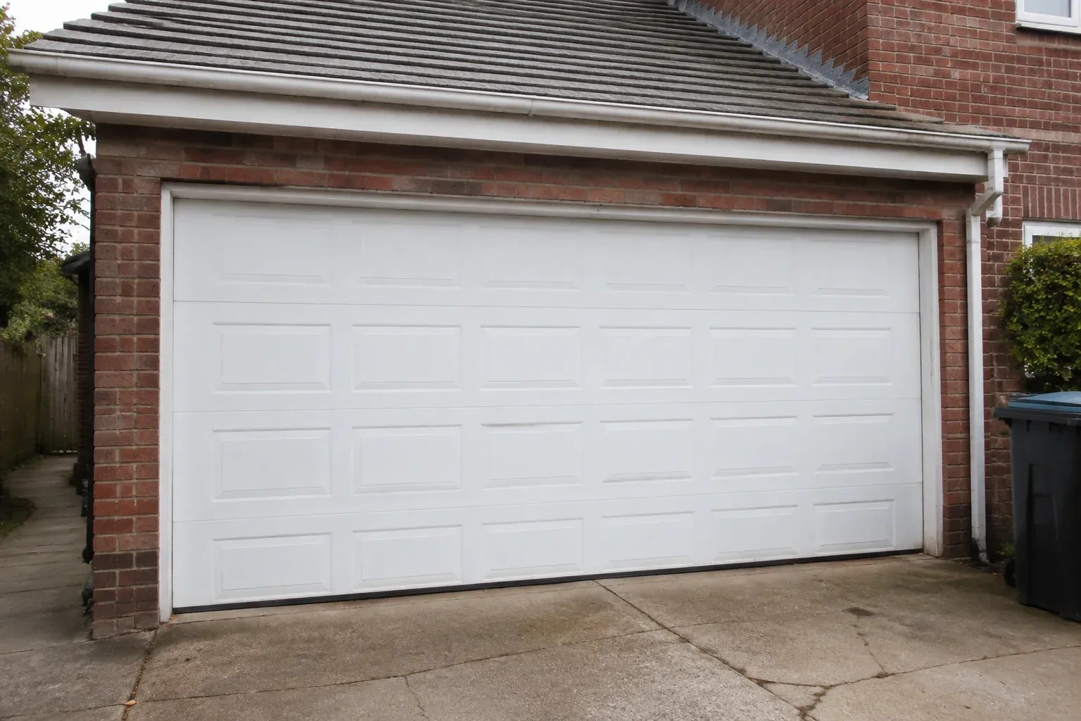 Closed white sectional garage door at an ordinary brick house. — Sectional Garage Door Replacement, Richmond Hill