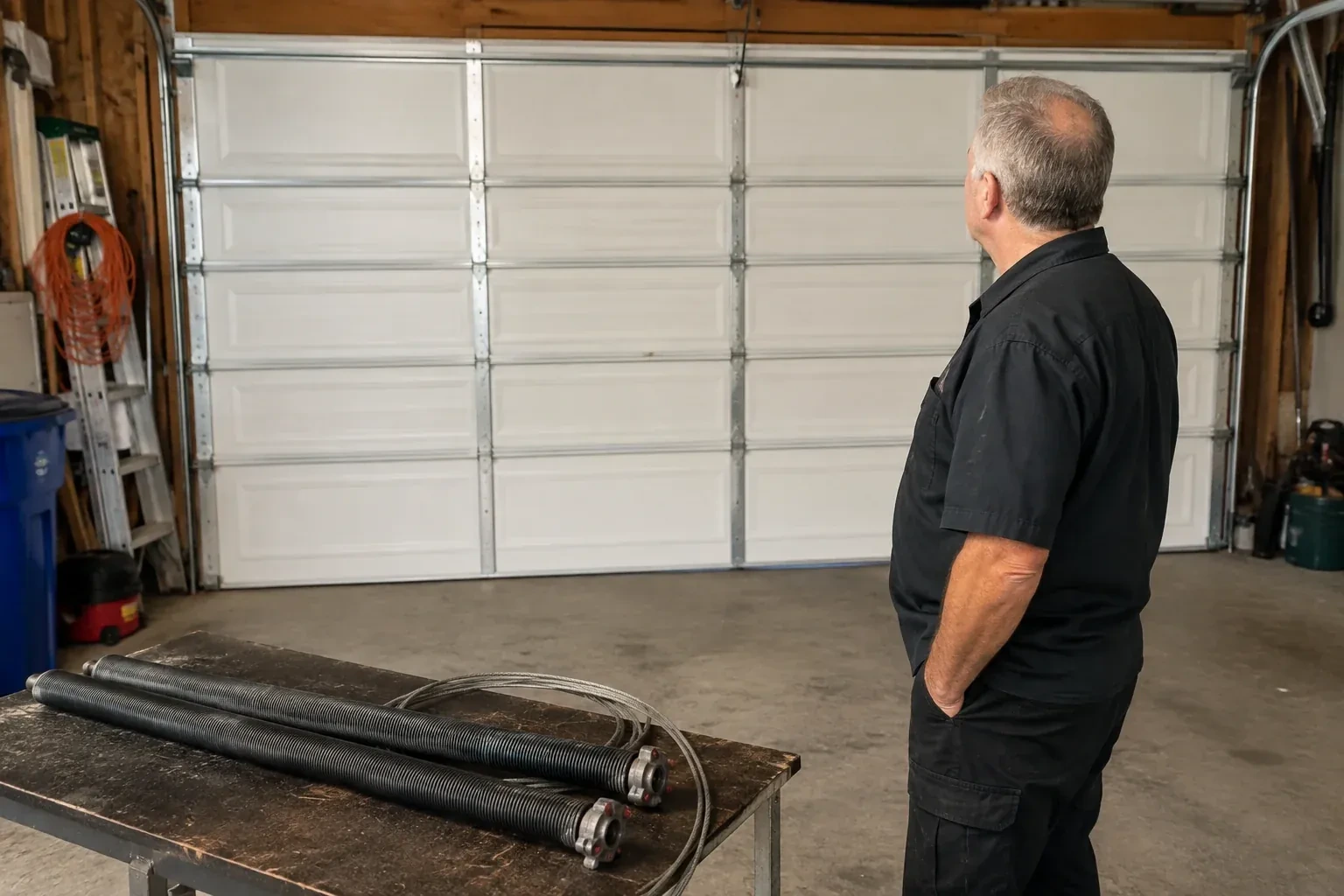 Detached coil springs with end fittings and a cable rest on a bench in front of a closed garage door. — Torsion Spring Replacement, Richmond Hill
