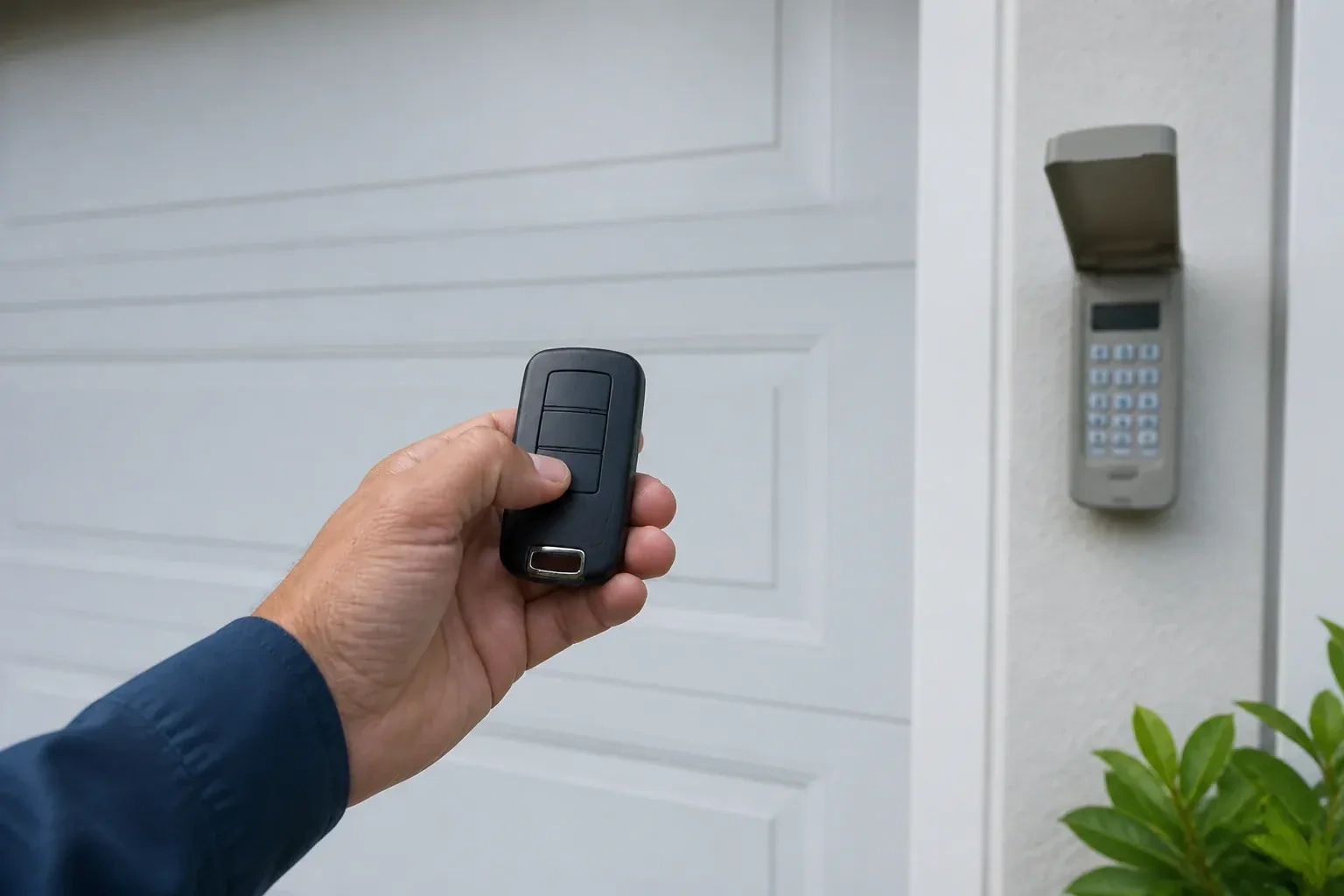 Hand holding a black three-button remote in front of a white paneled door, with a wall keypad and open cover at right. — Garage Door Remote and Keypad Programming, Richmond Hill