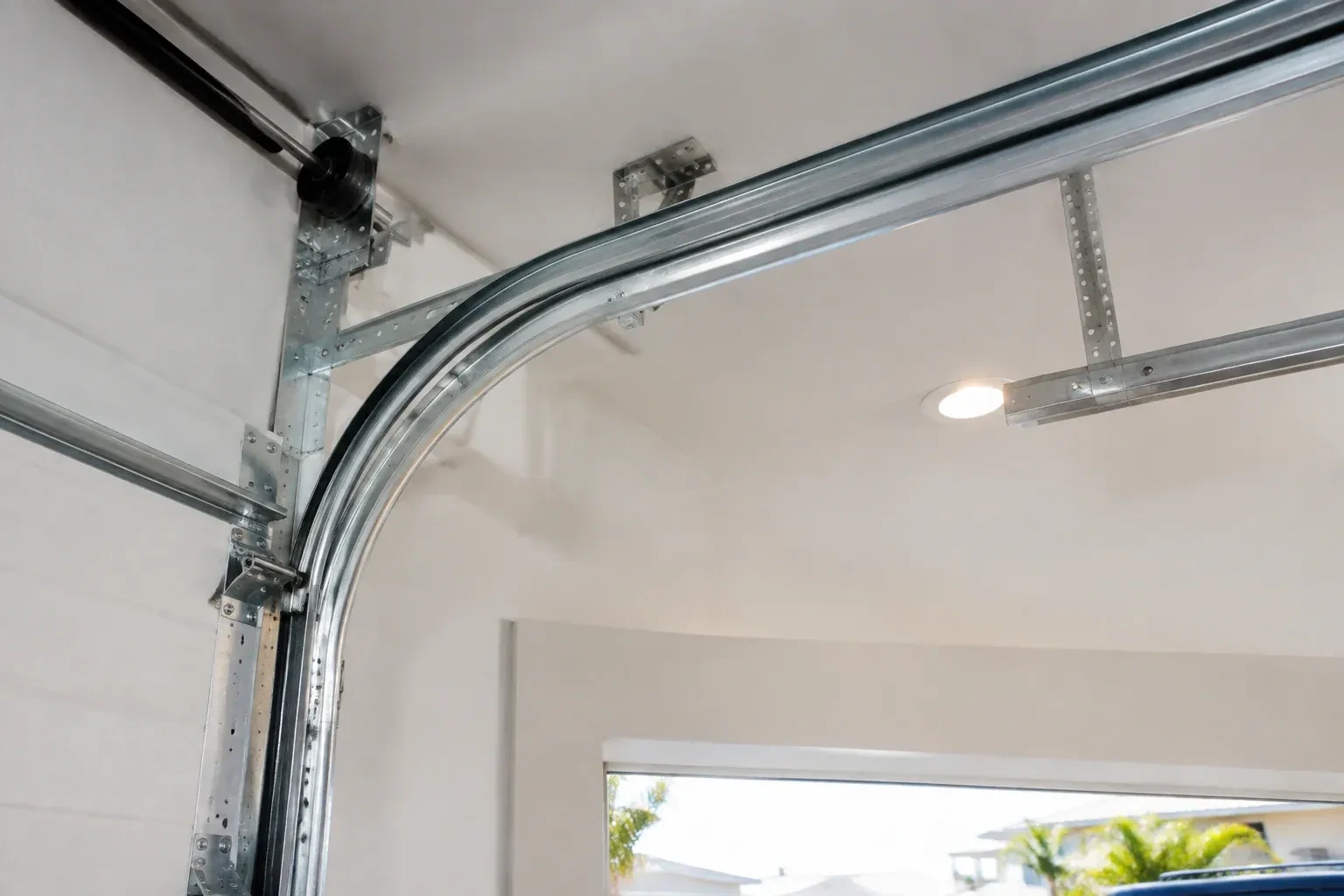 Curved galvanized steel track bending from the vertical door track into the ceiling, with perforated brackets and a recessed light. — Garage Door Track Repair or Replacement, Richvale
