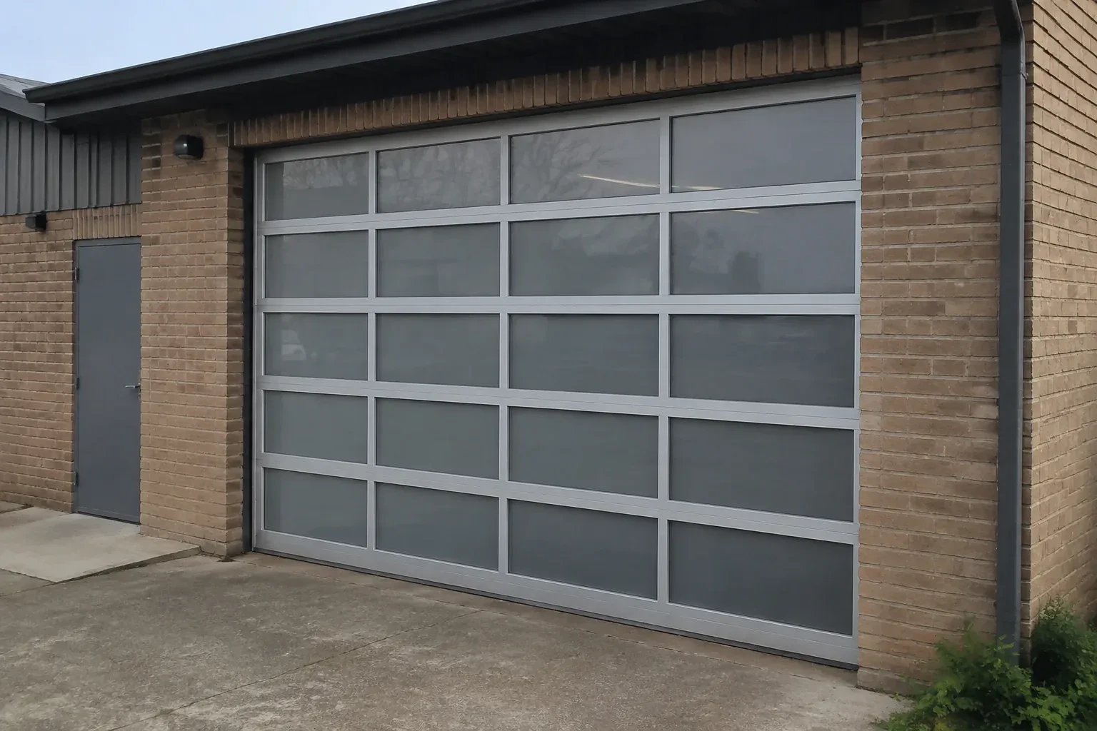 Closed glazed sectional door in a grey metal frame at a brick workshop. — Full-View Glass Garage Door Installation, Yongehurst