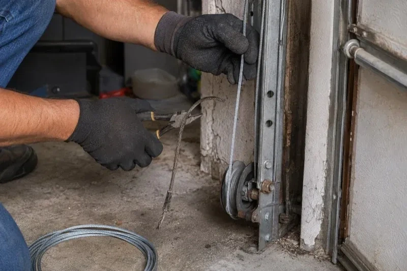 Gloved hands holding a bright cable and pliers gripping a frayed cable beside a garage-door track and pulley. — Garage Door Cable Replacement, Richvale