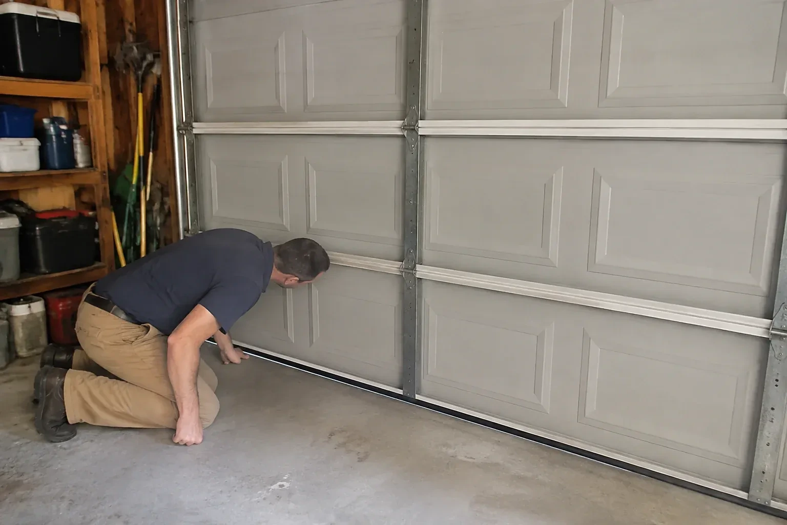 Person kneeling with a hand at the base of a gray paneled door that has a black strip along its bottom. — Garage Door Perimeter Weatherstrip, Richmond Hill