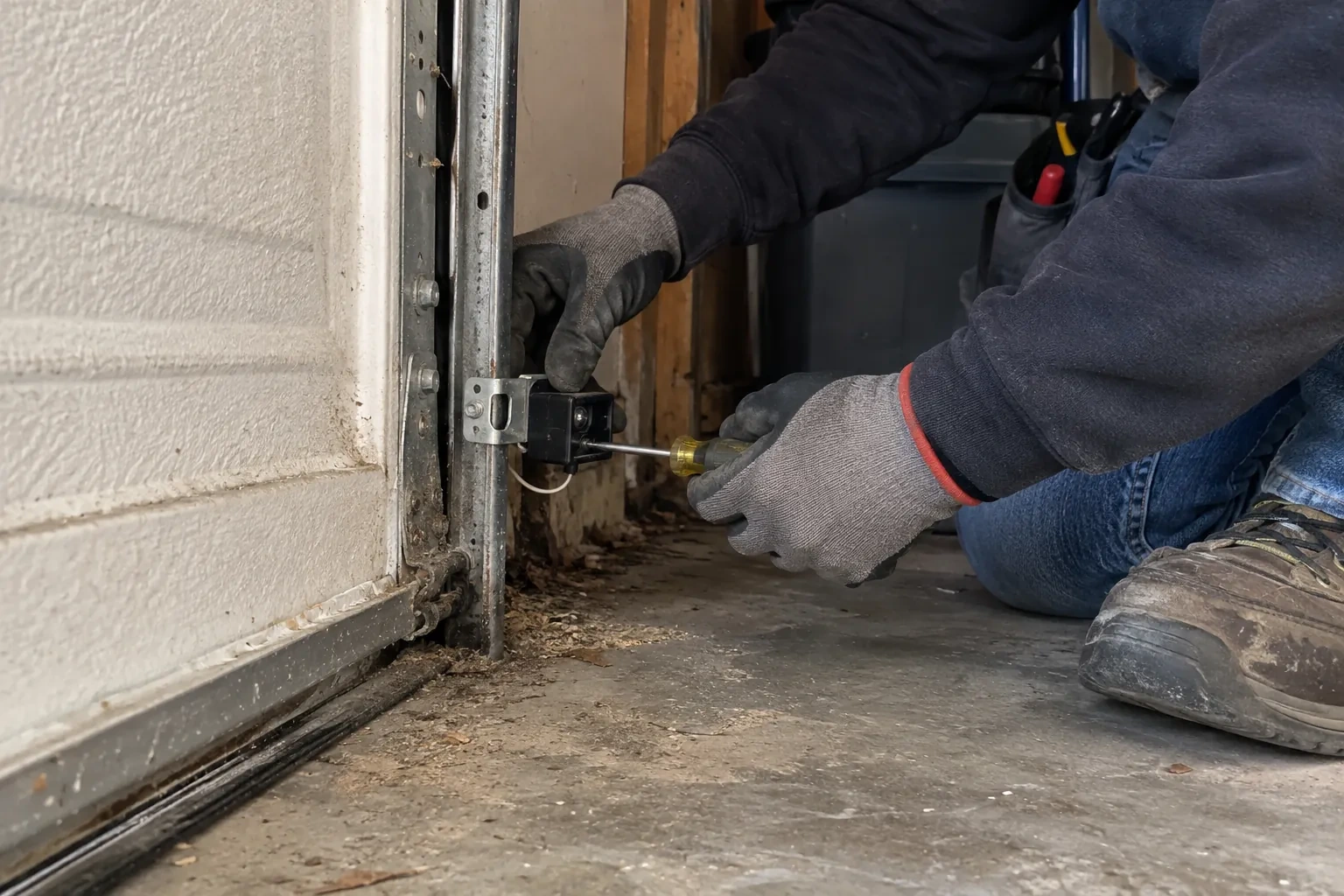 Gloved hands using a yellow-handled screwdriver to fasten a small black sensor to a vertical metal track beside a white door panel. — Photo-Eye Sensor Alignment or Replacement, Richvale