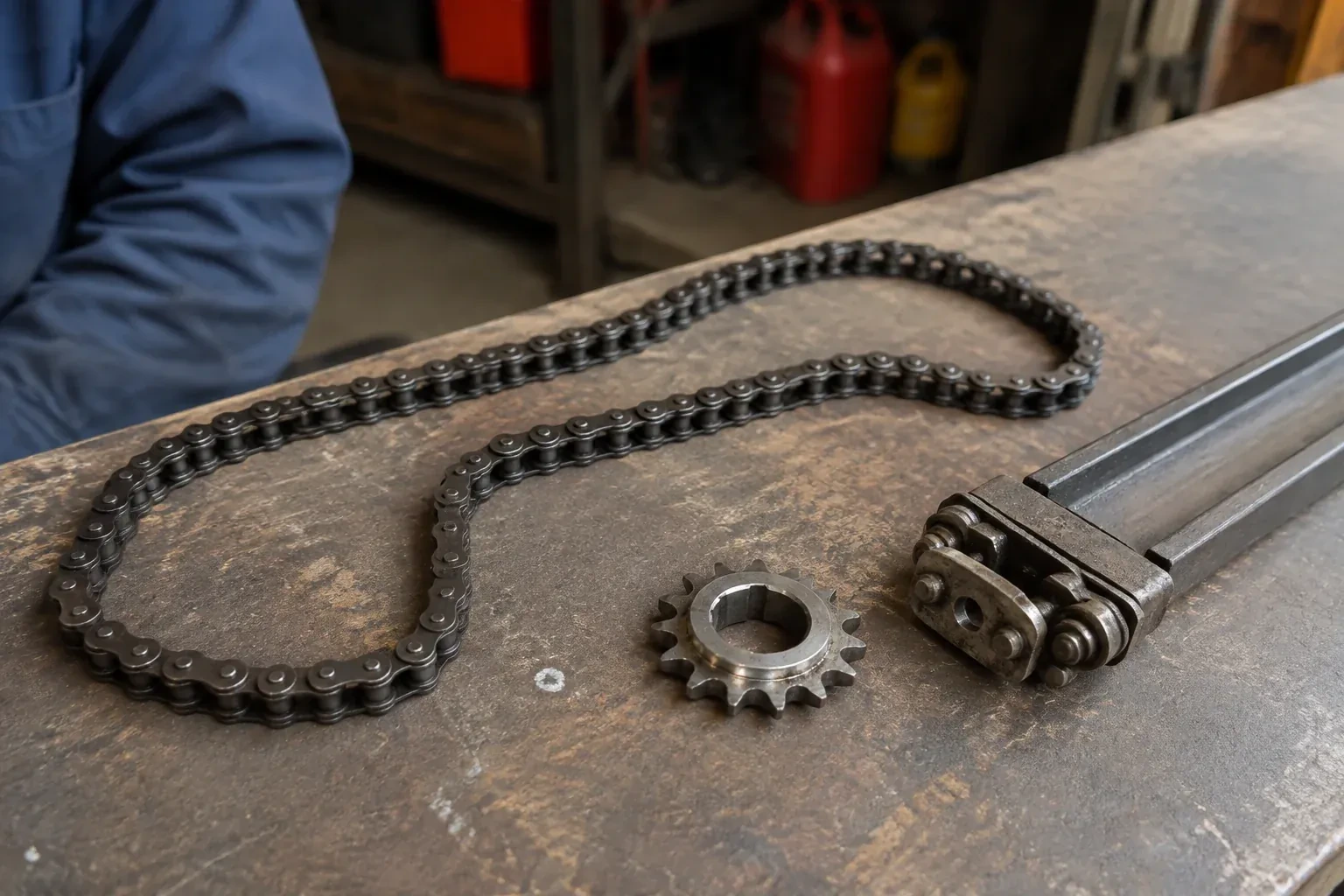 A detached metal roller chain, toothed sprocket and rail component rest on a worn garage workbench. — Chain-Drive Opener Repair, Richmond Hill
