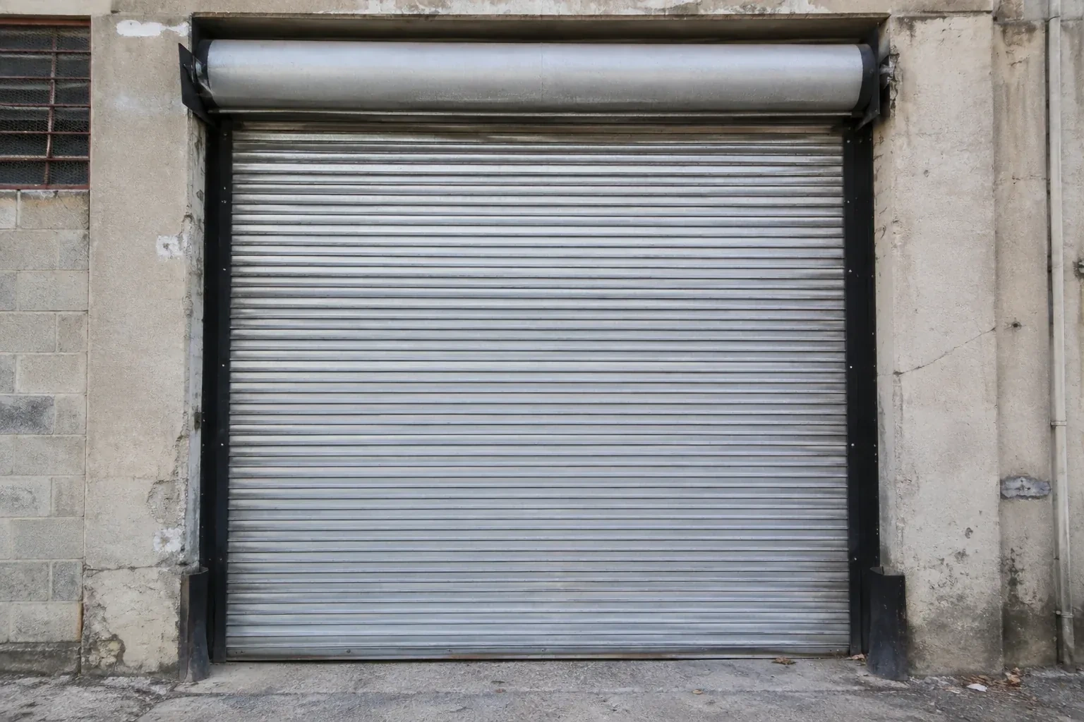 Closed metal rolling shutter in a weathered warehouse opening. — Commercial Rolling Door Repair, Richvale
