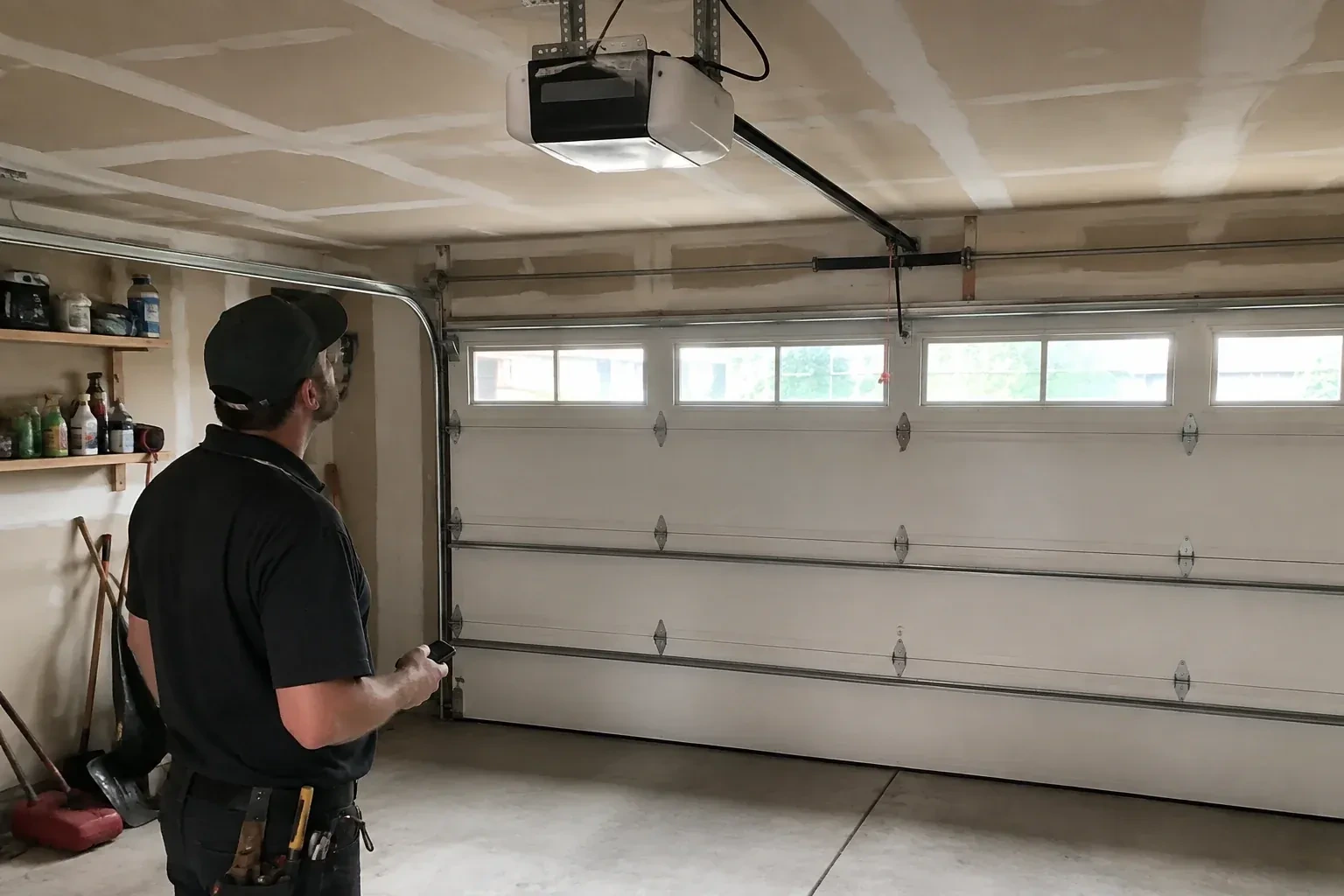 A person looks at an overhead opener above a closed garage door with a row of windows. — Garage Door Opener Replacement, Richvale