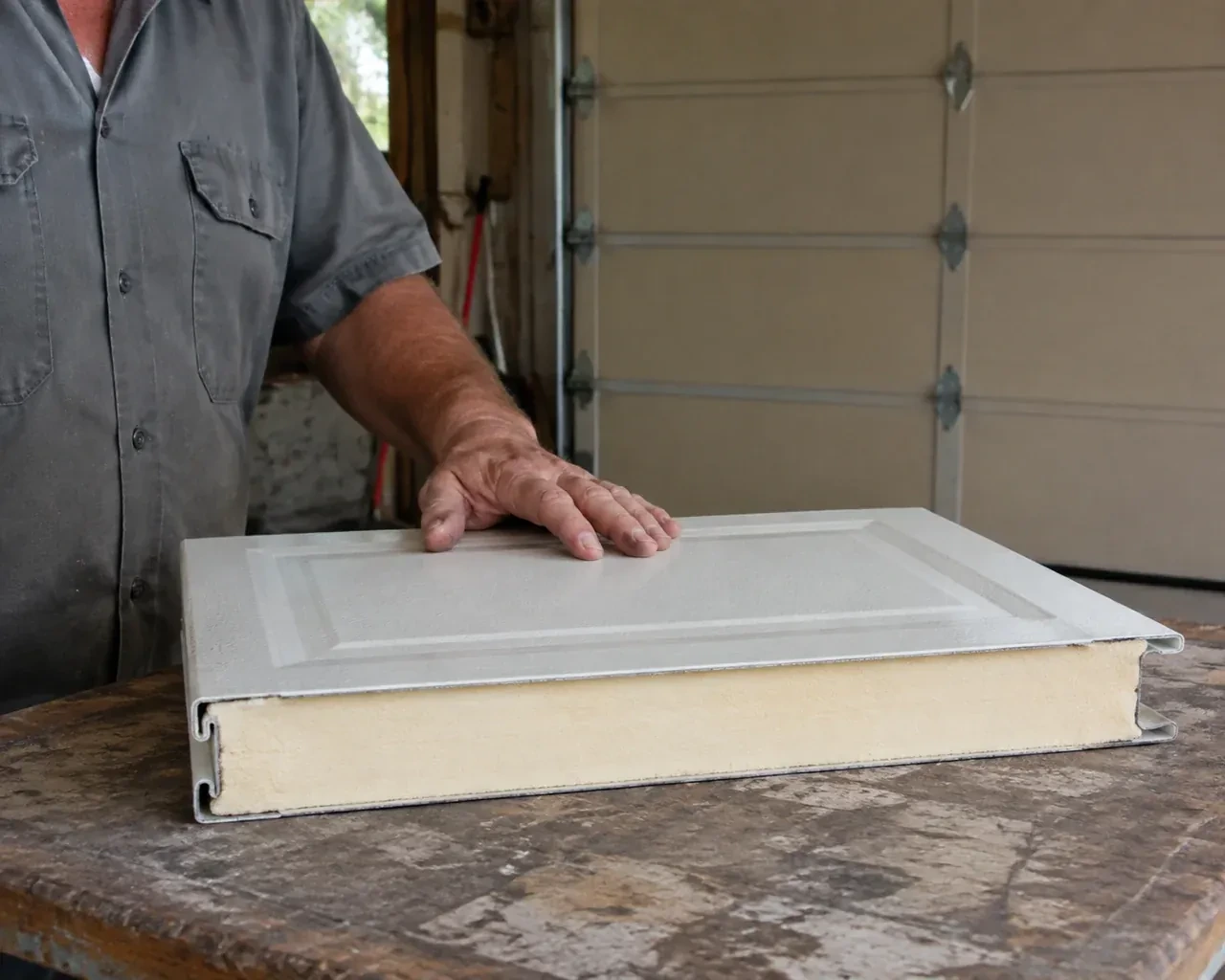 A panel sample exposes a cream foam core between thin metal faces on a garage workbench. — Insulated Steel Garage Door Installation, Richvale