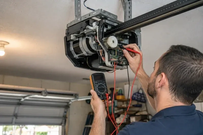 Person holding a multimeter and a red probe near the exposed circuit board of an overhead garage-door opener. — Garage Door Opener Diagnosis and Repair, Richmond Hill