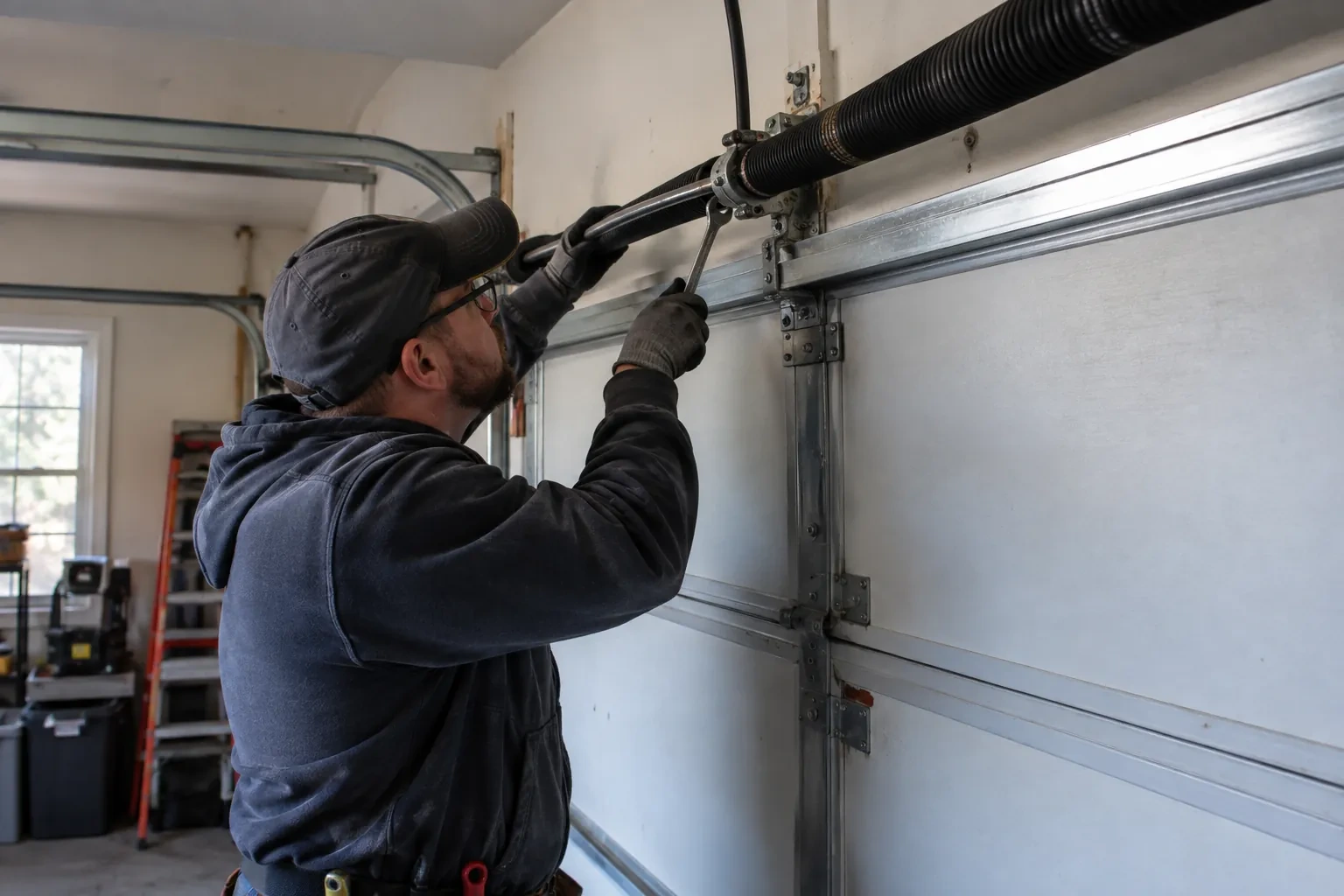 Technician in a gray cap holding a metal bar to the black spring with one hand and a wrench in the other.