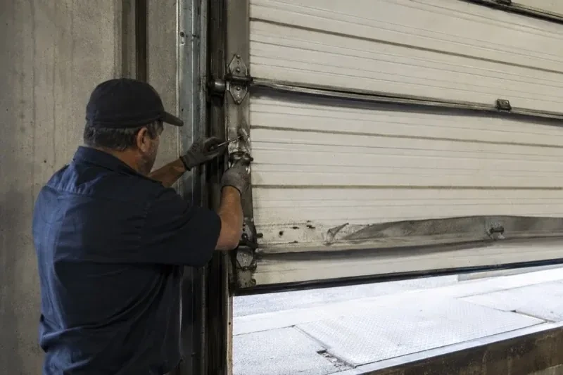 Person holding tools at the side hinge of a partly raised industrial sectional door — Commercial Sectional Door Repair, Richvale