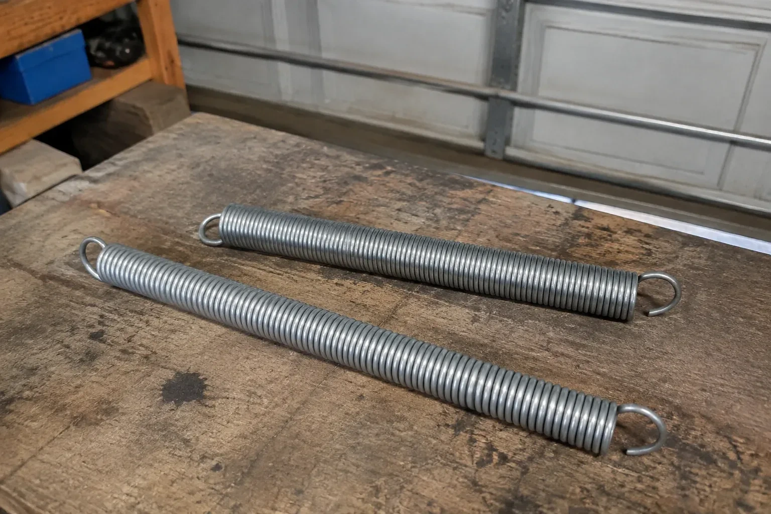Two detached extension springs with hooked ends on a garage bench. — Extension Spring Replacement, Richmond Hill